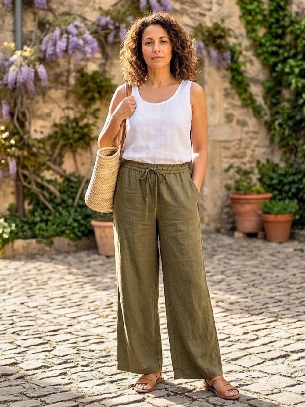 Reitmans Wide-Leg Linen-Blend Pant with Drawstring Linen-Blend Pants Green